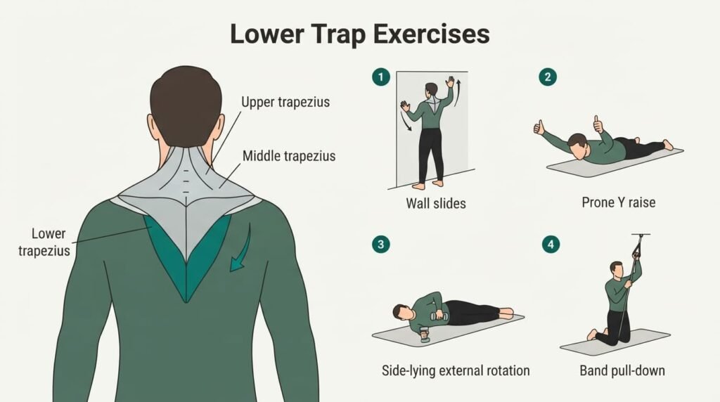 Diagram of the upper, middle and lower trapezius with four lower trap exercises: wall slides, prone Y raise, side-lying external rotation and band pull-down