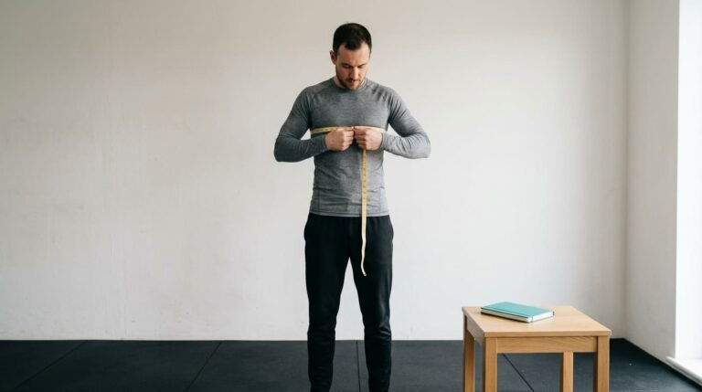Man measuring his chest with a soft tape measure over his clothes to work out his body shape