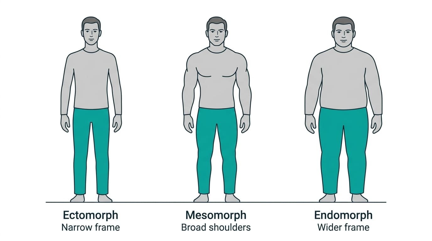 Chart of the three male body types: ectomorph with a narrow frame, mesomorph with broad shoulders and endomorph with a wider frame