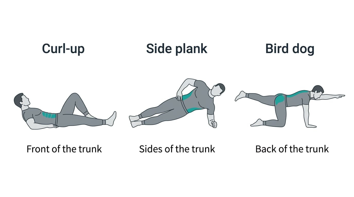 Diagram of the McGill Big 3, showing the curl-up working the front of the trunk, the side plank the sides, and the bird dog the back