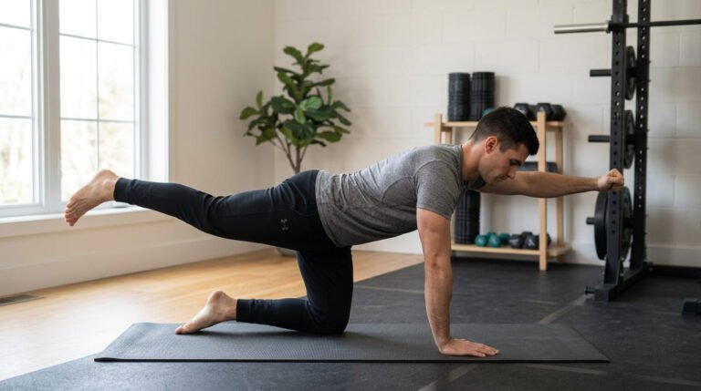 Man holding a bird dog on a mat with one arm and the opposite leg extended