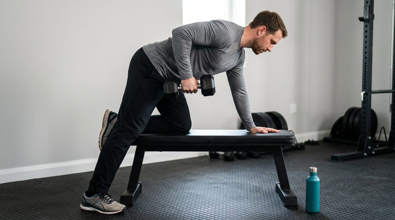 Man doing a one-arm dumbbell row with one knee on a bench to strengthen his mid back