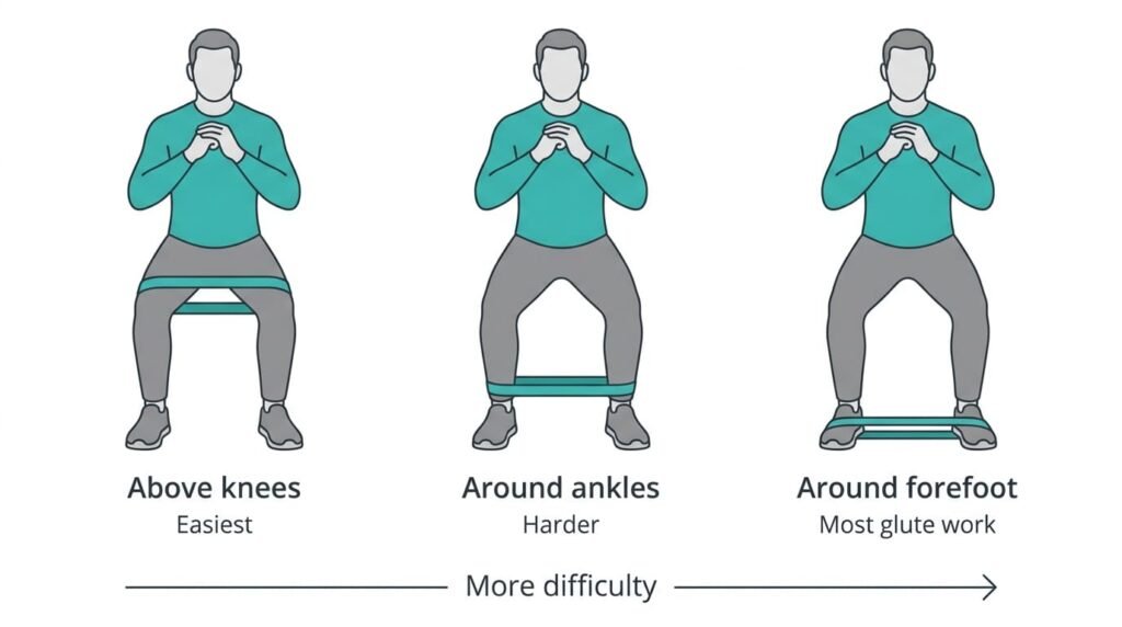 Diagram of three band positions for monster walks: above the knees is easiest, around the ankles is harder and around the forefoot works the glutes most