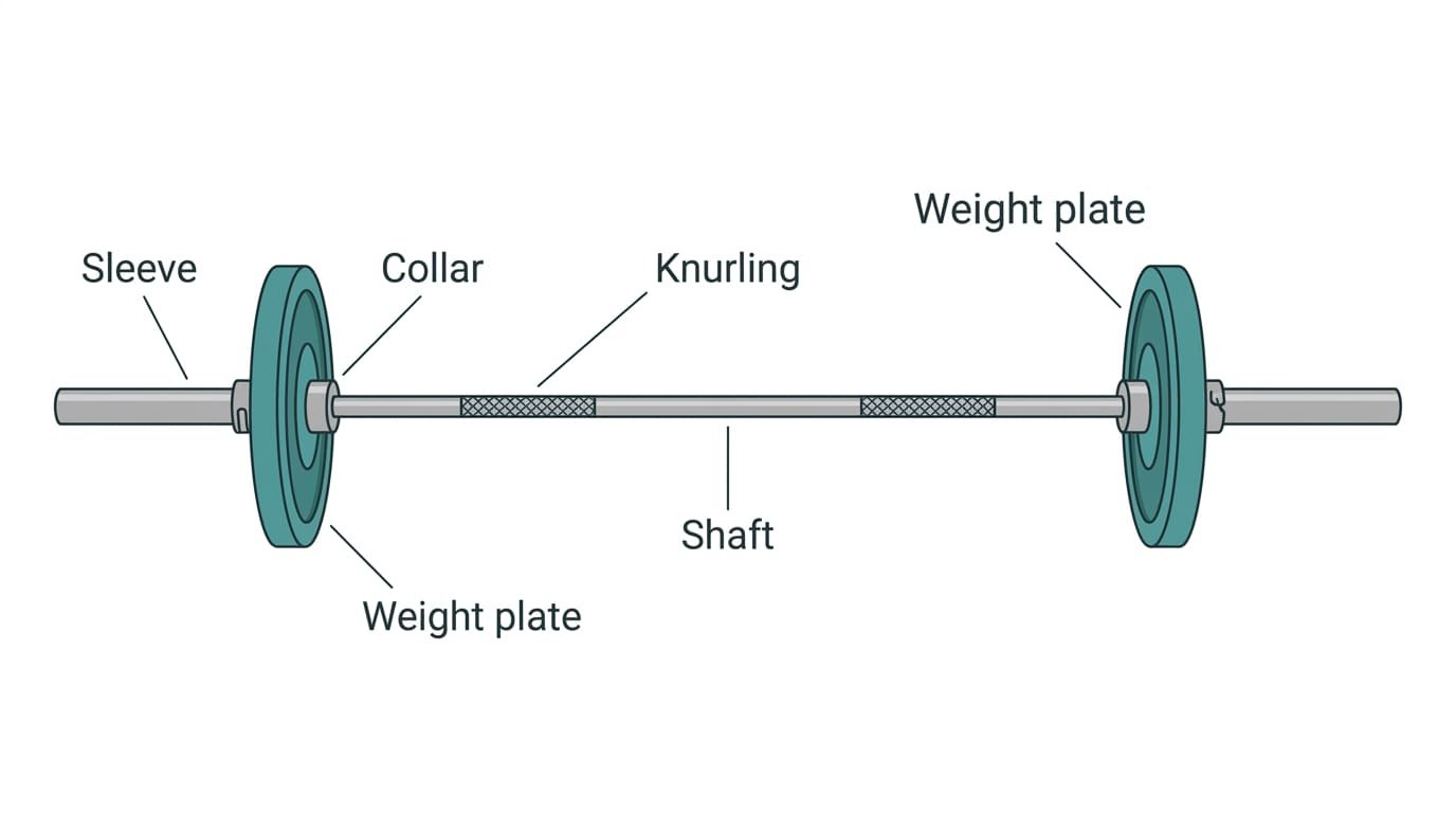 Labelled diagram of the parts of a barbell: sleeve, collar, weight plate, knurling and shaft
