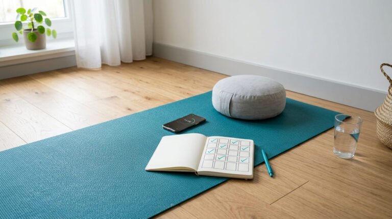 Exercise mat, cushion, phone timer and a tick chart set out for pelvic floor exercises at home