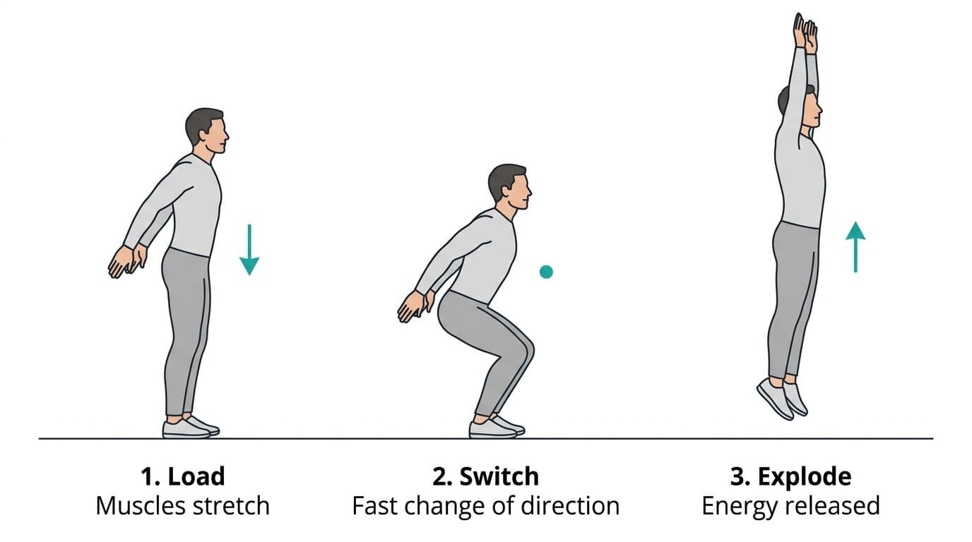 Diagram of the three phases of a plyometric jump: load, switch and explode