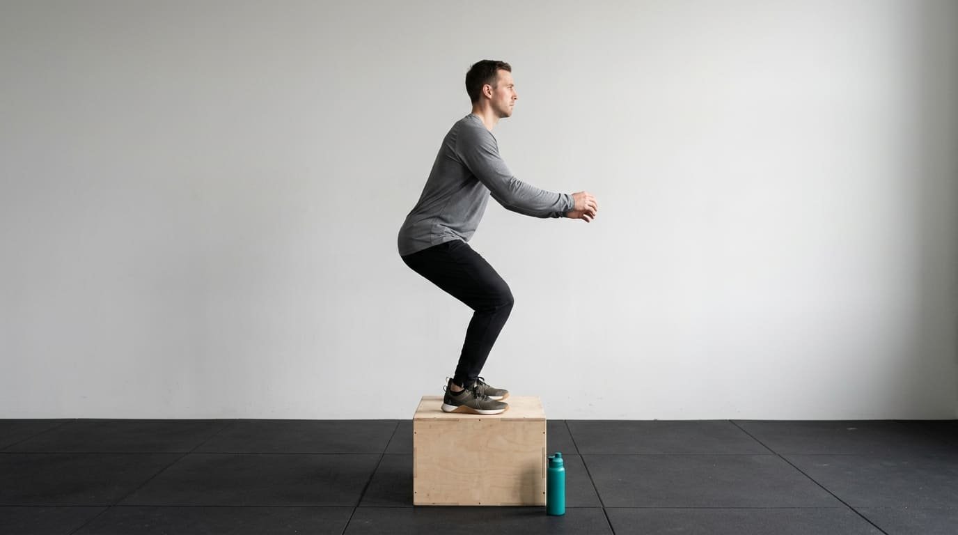 Man standing in a soft landing position on a low wooden plyo box after a box jump