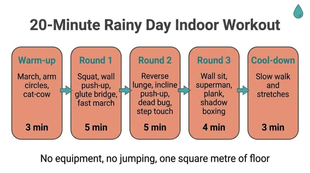 20-minute rainy day indoor workout in five blocks: warm-up, three rounds of bodyweight exercises and a cool-down