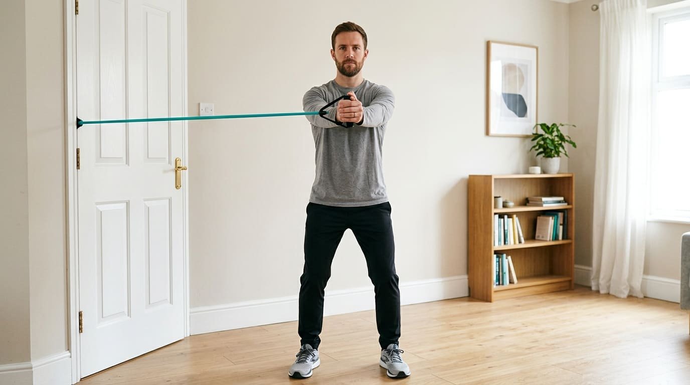 Man doing a Pallof press at home with a resistance band anchored to a door at chest height, pulling from his side