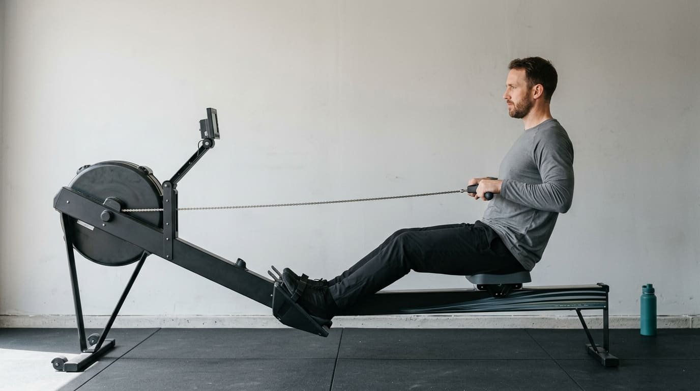 Man at the finish of a rowing stroke on an indoor rowing machine, legs extended and the handle pulled in to his body