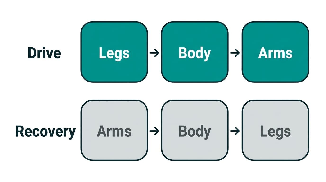 Diagram of the rowing stroke order: legs, body, arms on the drive, then arms, body, legs on the recovery