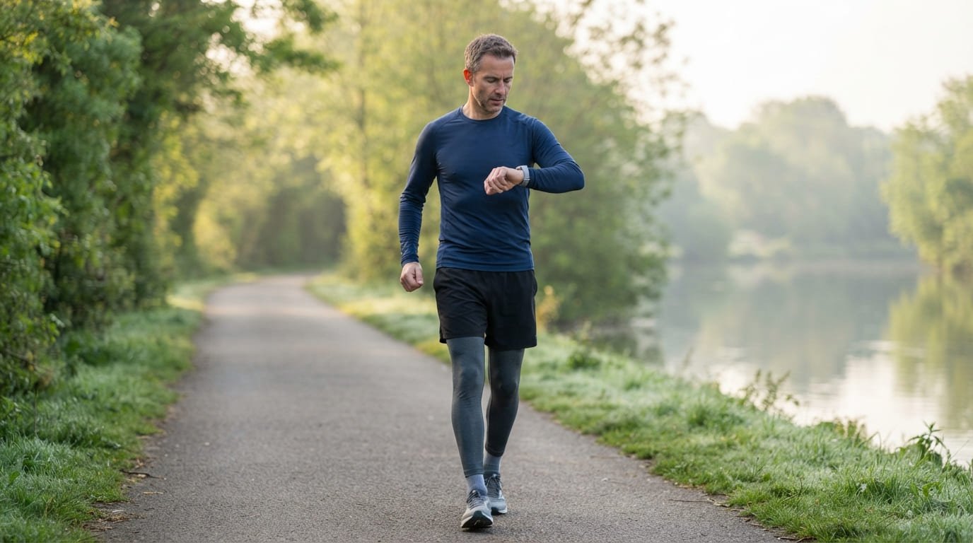 Man walking briskly during a planned walk break and checking his watch, using the run walk method