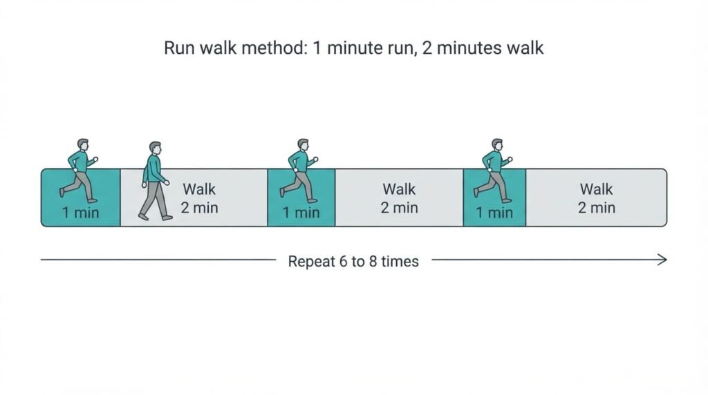 Timeline diagram of the run walk method, alternating 1 minute of running with 2 minutes of walking