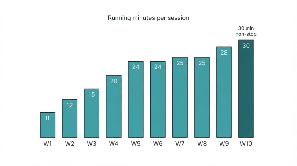 Chart of a 10-week running plan for beginners, building from 8 minutes of running to 30 minutes non-stop