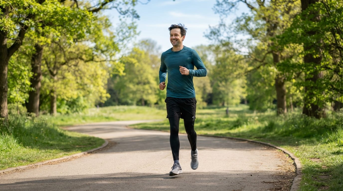 Man jogging slowly and smiling on a park path during one of his first runs