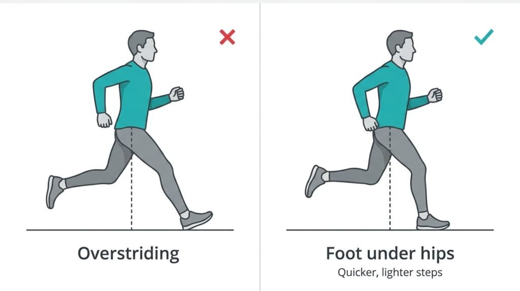 Running form diagram comparing overstriding, with the front foot landing far ahead of the hips, to landing with the foot closer to under the hips