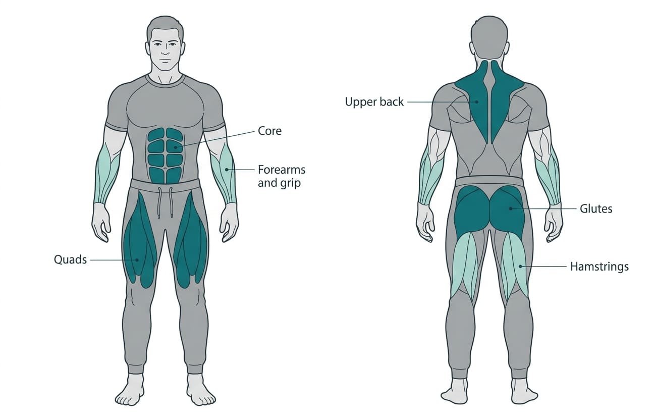 Front and back anatomy diagram of the muscles worked in sandbag training, with the quads, core, upper back and glutes highlighted and the forearms and hamstrings as secondary