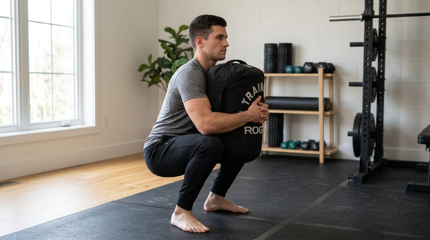 Man holding a sandbag in a bear hug at the bottom of a deep squat in a home gym