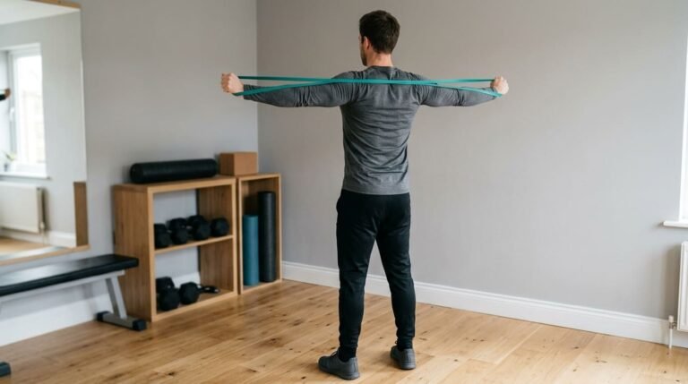Man seen from behind doing a band pull-apart at shoulder height, drawing his shoulder blades together in a scapular retraction exercise