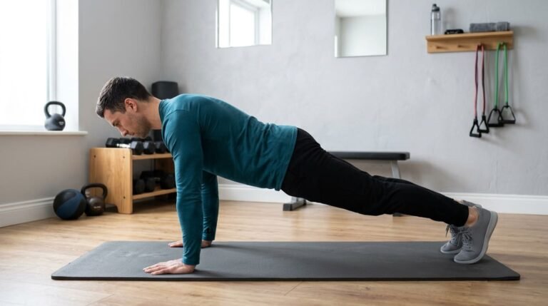 Man at the top of a push-up plus, pushing the floor away to spread his shoulder blades and work the serratus anterior