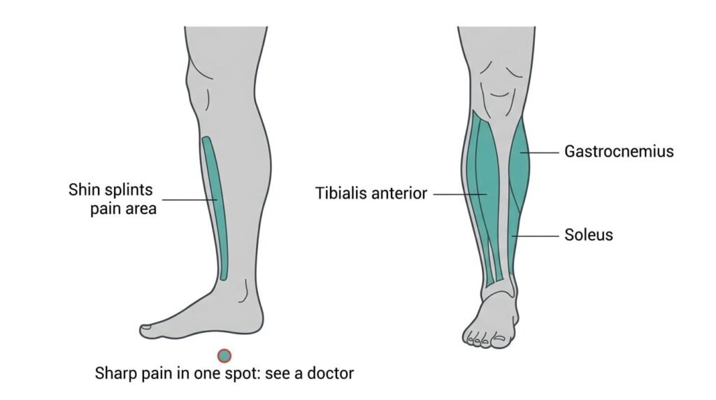 Diagram of the lower leg: the shin splints pain area along the inner edge of the shin bone, the tibialis anterior on the front of the shin, and the gastrocnemius and soleus calf muscles