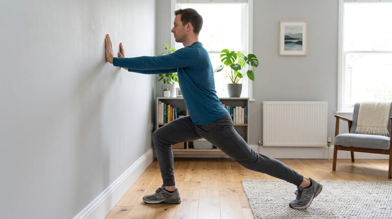 Man leaning into a wall with his hands at shoulder height and one leg stepped back straight, stretching the calf and lower leg