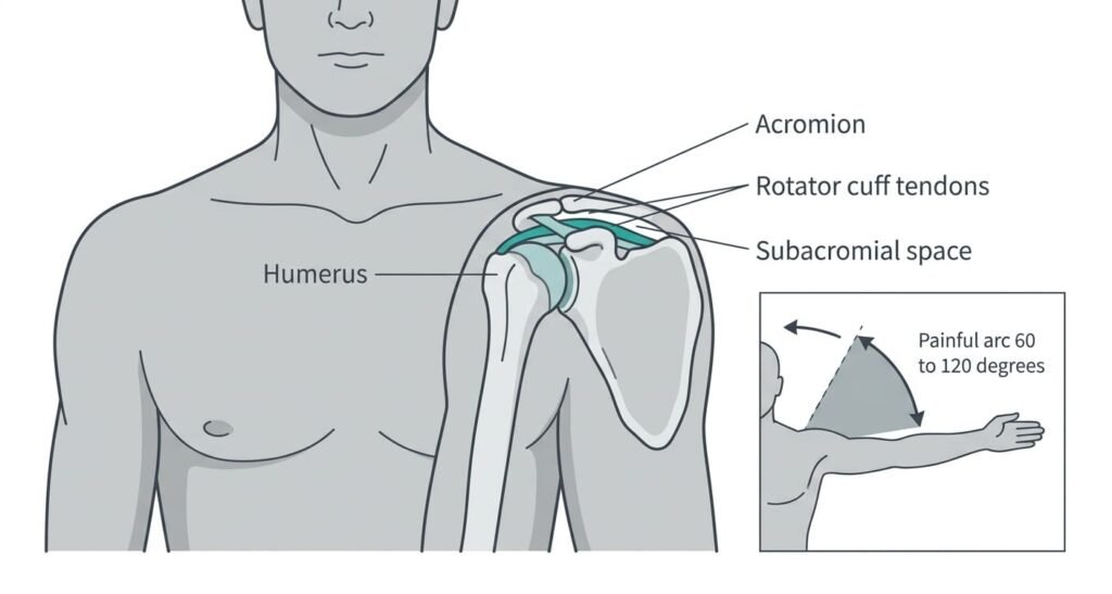 Diagram of the shoulder showing the rotator cuff tendons passing under the acromion, with an inset of the painful arc between 60 and 120 degrees