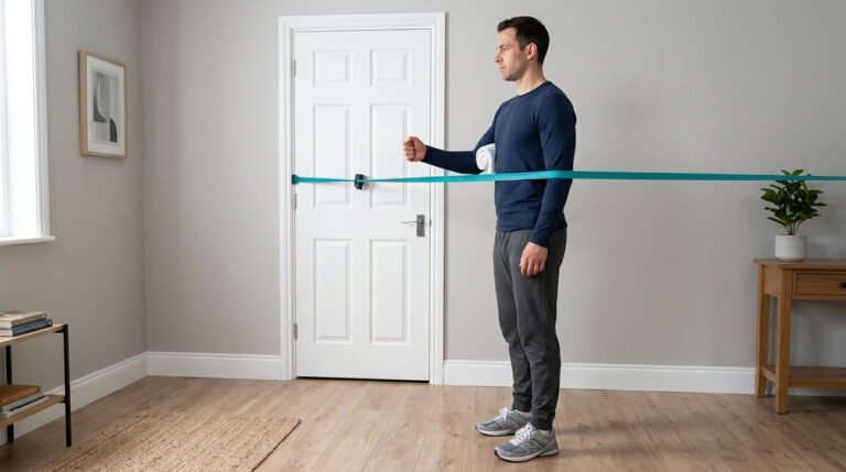 Man standing in a living room beside a door with a teal resistance band anchored at the door for shoulder exercises