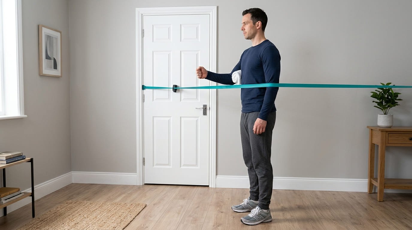 Man standing in a living room beside a door with a teal resistance band anchored at the door for shoulder exercises