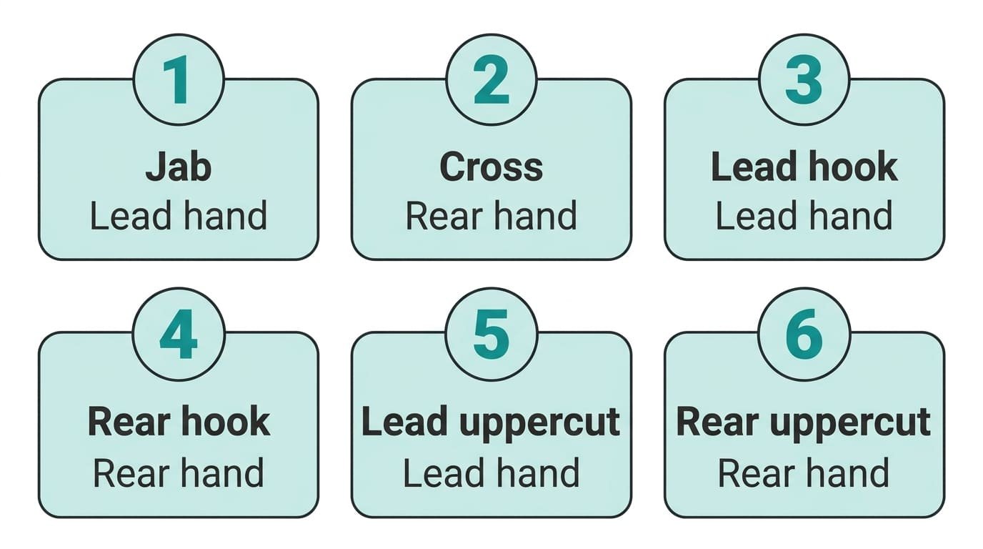 Chart of the six basic boxing punches by number: jab, cross, lead hook, rear hook, lead uppercut and rear uppercut