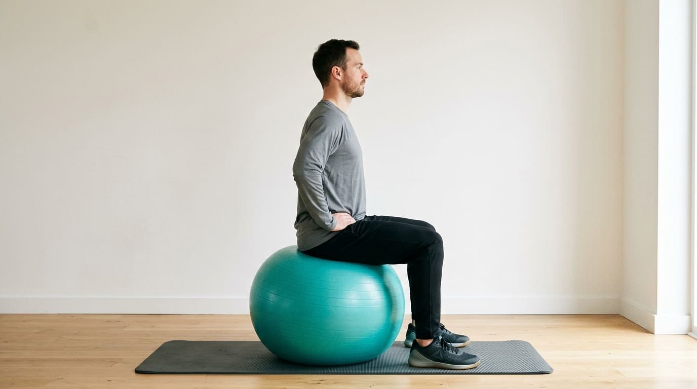 Man sitting upright on a stability ball at home with his hips and knees bent to 90 degrees