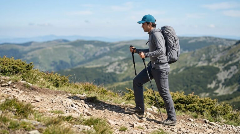 Man hiking up a rocky mountain trail with a backpack and trekking poles