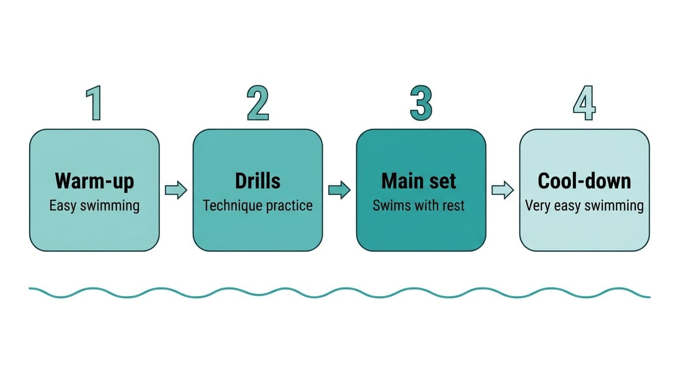 Diagram of the four parts of a beginner swim workout: warm-up, drills, main set and cool-down