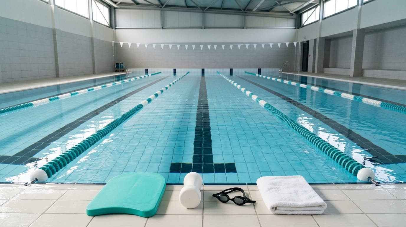 Empty swimming pool lane with a kickboard, pull buoy, goggles and towel on the pool edge, ready for a beginner swim workout