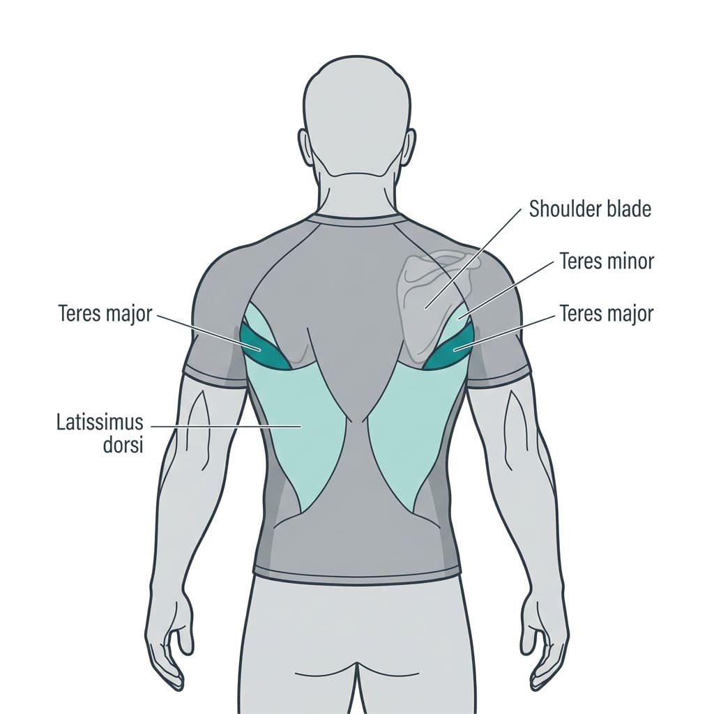 Back-view anatomy diagram with the teres major highlighted below each shoulder, and the teres minor, latissimus dorsi and shoulder blade labelled