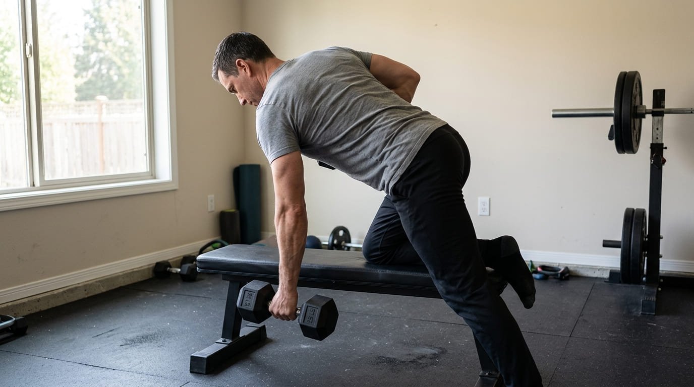 Man kneeling on a bench at the bottom of a single-arm dumbbell row with his arm fully extended