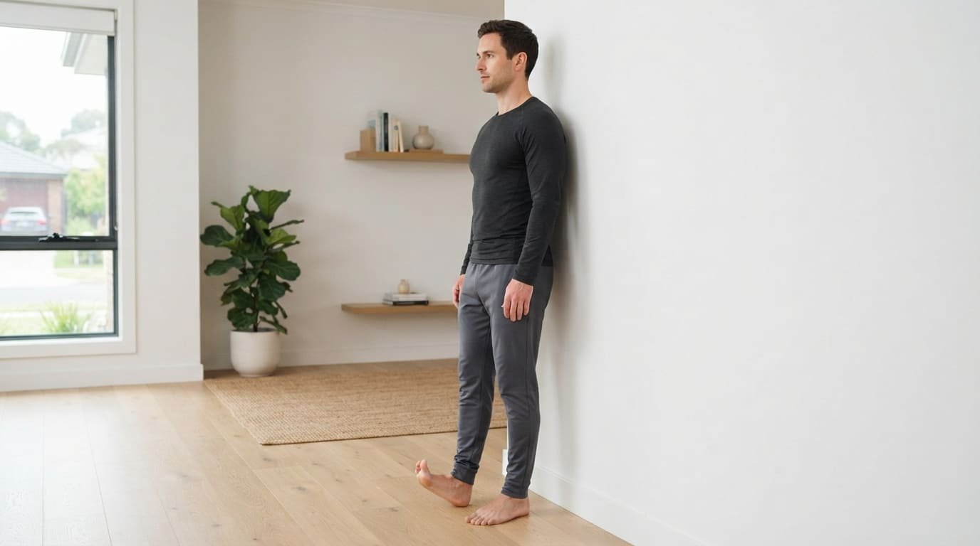 Man doing a wall tib raise with his back against the wall and toes lifted, one of the best tibialis anterior exercises