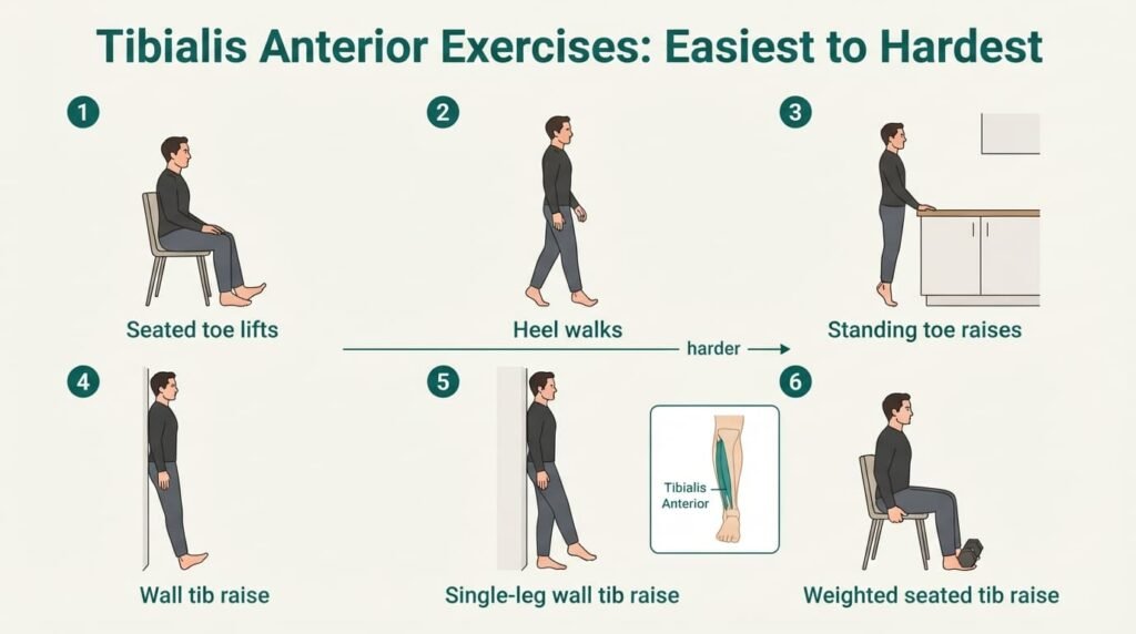 Six tibialis anterior exercises from easiest to hardest: seated toe lifts, heel walks, standing toe raises, wall tib raise, single-leg tib raise and weighted seated tib raise