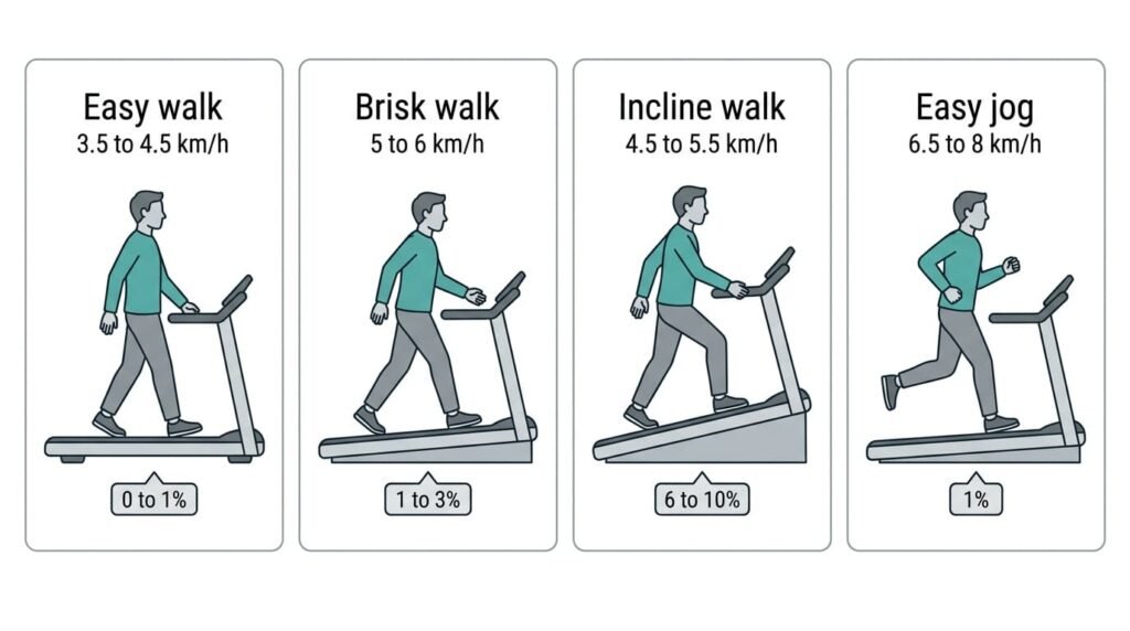 Beginner treadmill speed and incline guide: easy walk 3.5 to 4.5 km/h, brisk walk 5 to 6 km/h, incline walk at 6 to 10 percent and easy jog 6.5 to 8 km/h