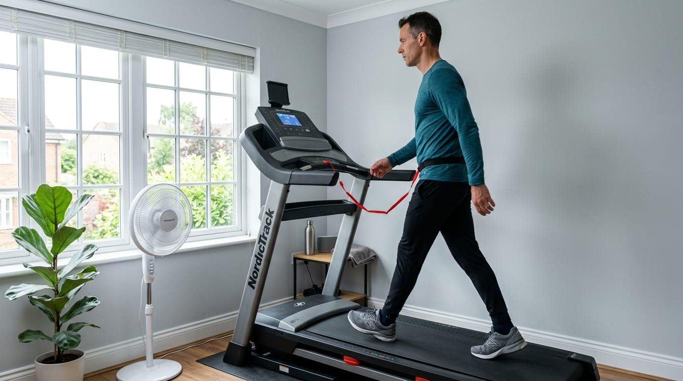 Man walking on a treadmill in a bright home room with the red safety key cord clipped to his waistband and a fan nearby