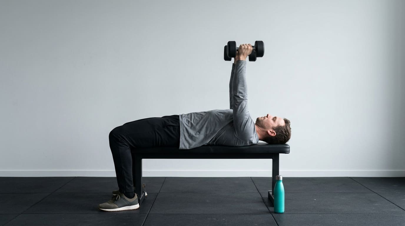 Man pressing a pair of dumbbells while lying on a flat bench during an upper body workout