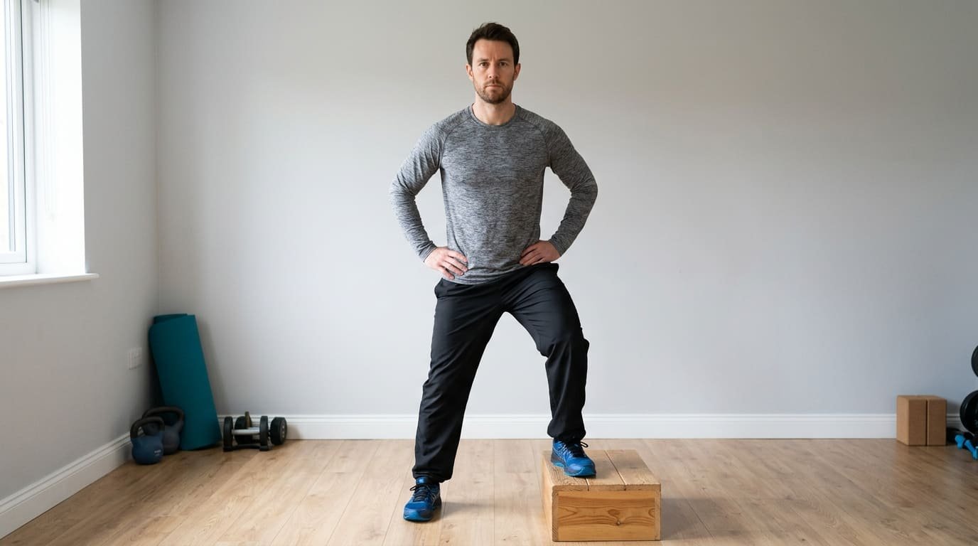 Man performing a lateral step-down with one foot on a low wooden step to train the quadriceps
