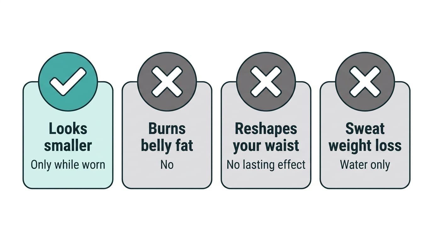 Chart of waist trainer claims and the reality: looks smaller only while worn, does not burn belly fat, has no lasting effect on waist shape, and sweat weight loss is water only