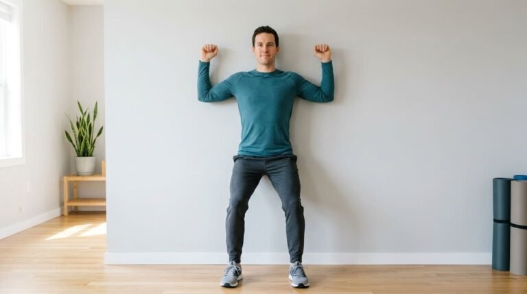Man standing with his back against a plain wall and his arms raised in a goalpost position, ready to start the wall angels exercise