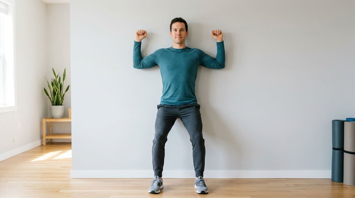 Man standing with his back against a plain wall and his arms raised in a goalpost position, ready to start the wall angels exercise