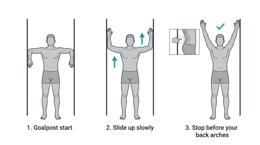 Three-step wall angels illustration showing the arms sliding up the wall, with an inset of the small natural gap behind the lower back
