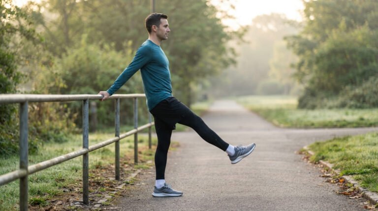 Man doing a leg swing next to a park railing as part of a running warm up