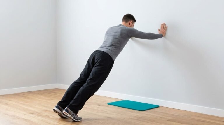 Man leaning into a wall with straight arms, pushing the wall away to train the serratus anterior