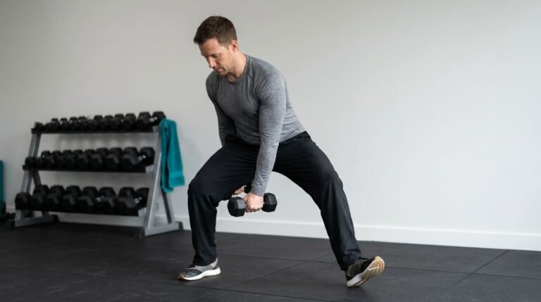 Man at the low point of a dumbbell wood chop exercise, holding the weight beside his knee